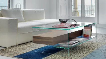 Tavolino Bridge with drawer and shelf in vetro curvato trasparente e cassettiera in Noce di Sovet