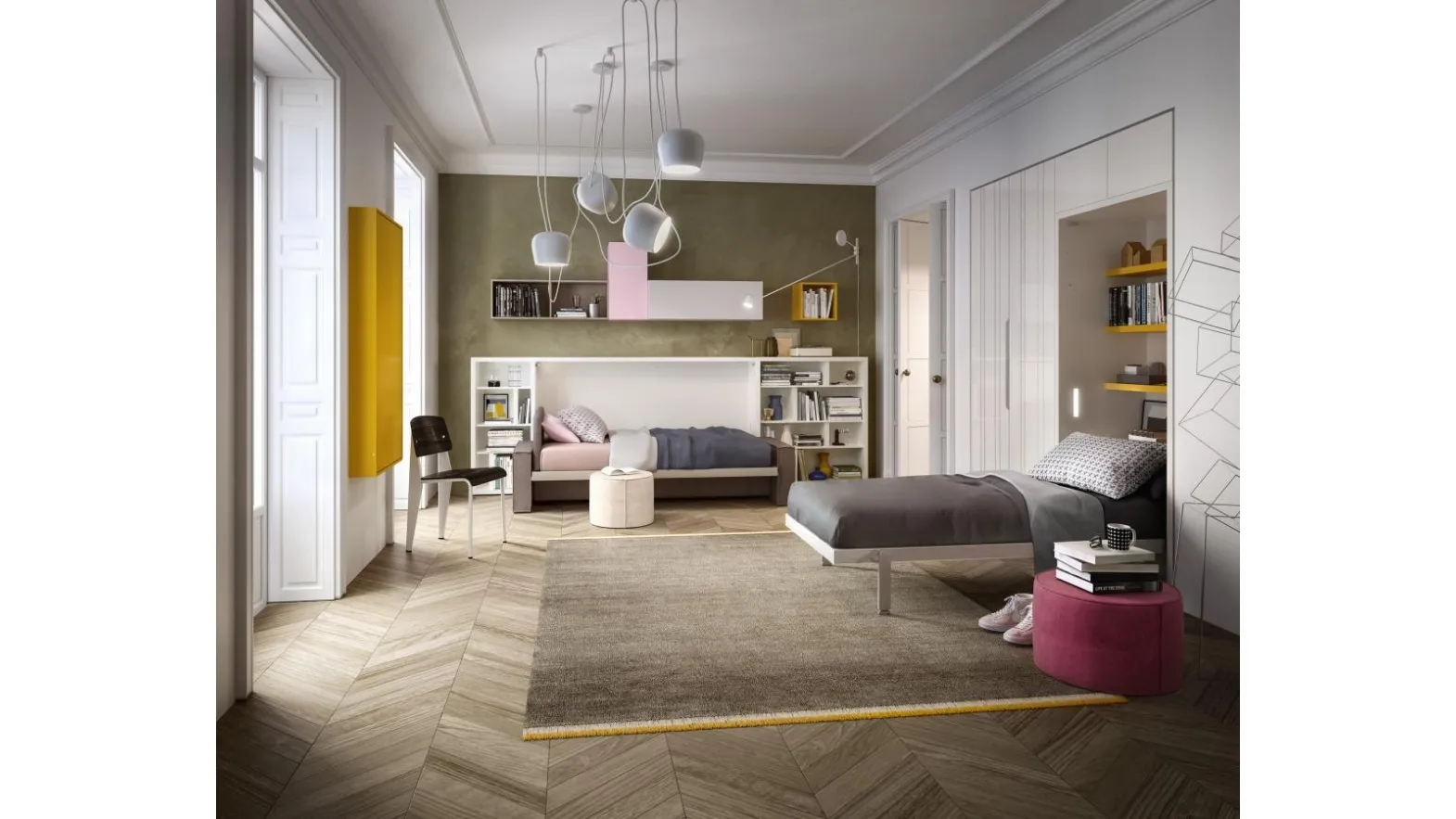 Cameretta Ambiente 04 Young con Kali Sofa e Altea Standard vista aperta con Wally e Tetris con Living Young System componibile di Clei