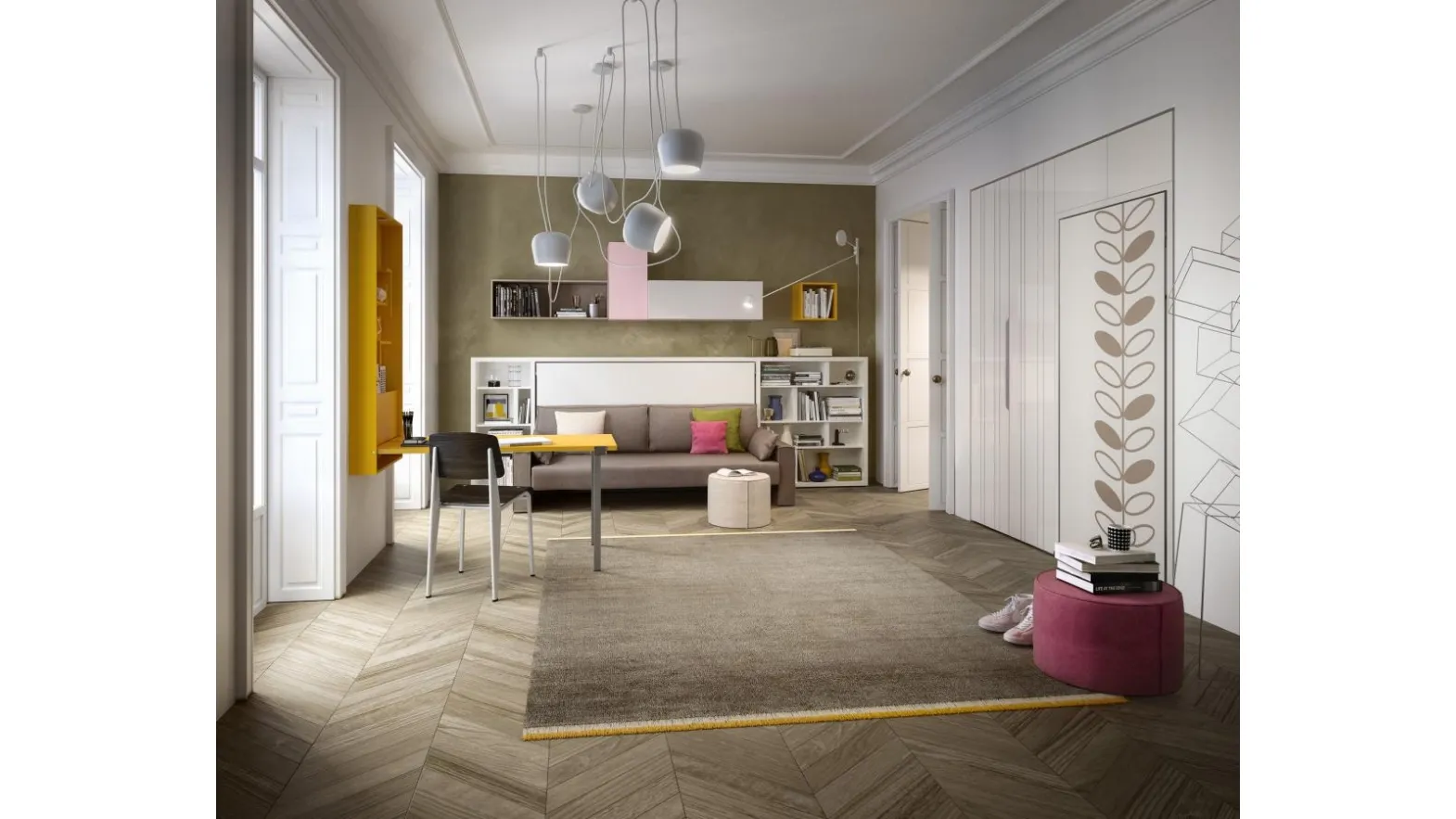 Cameretta Ambiente 04 Young con Kali Sofa e Altea Standard vista chiusa con Wally aperto e Tetris con Living Young System componibile di Clei