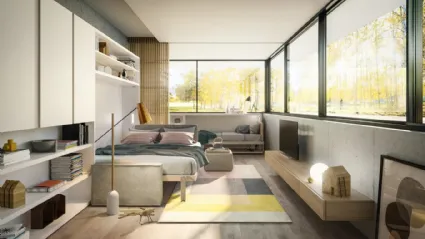 Sistema trasformabile Ambiente 16 vista aperta con Circe Sofa e Kali Board compreso Tetris e Living Young System componibile di Clei