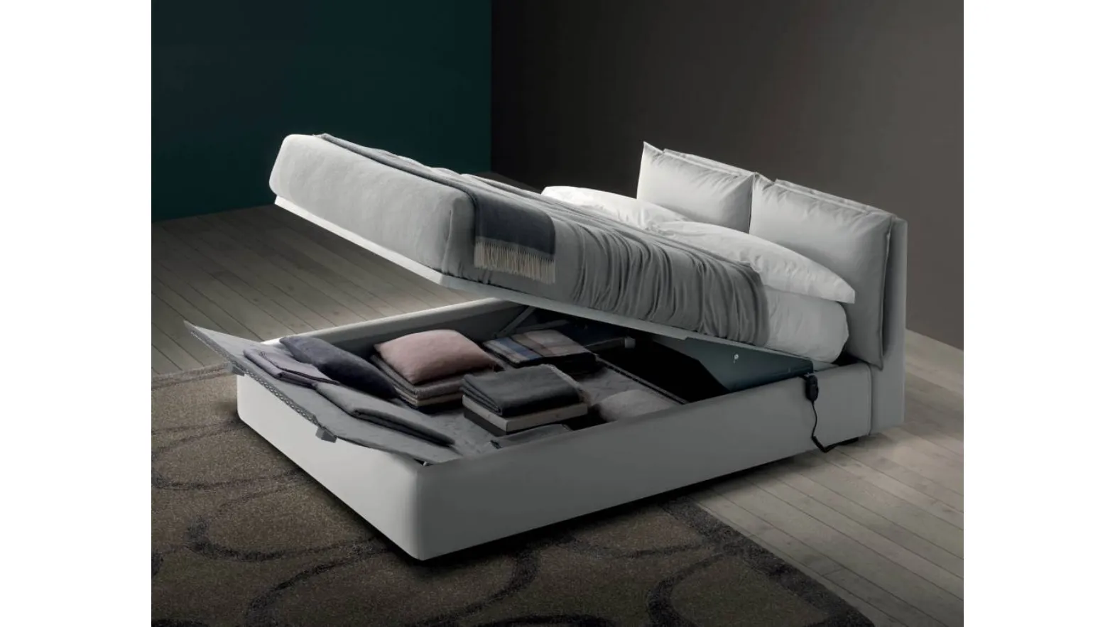 Letto in tessuto imbottito con testiera regolabile e box contenitore Quiet di Bside