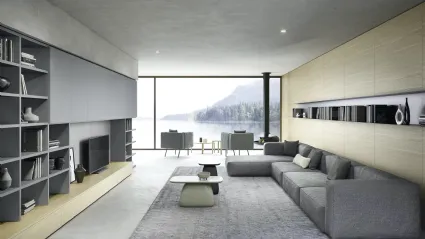 Parete Attrezzata Boiserie 05 in laccato opaco e legno impiallacciato Rovere Chiaro di Novamobili