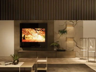 Parete Attrezzata con sistema boiserie verticali in ceramica e legno Caddy Materika di Ronda Design