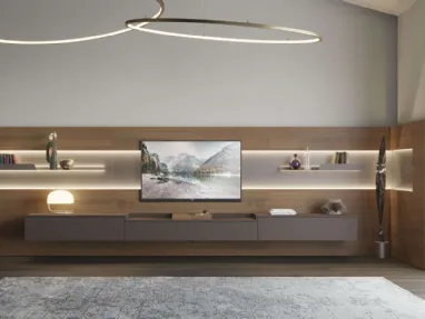 Parete Attrezzata angolare in legno con mobile sospeso in laccato opaco Living TV 12 di Turati T4