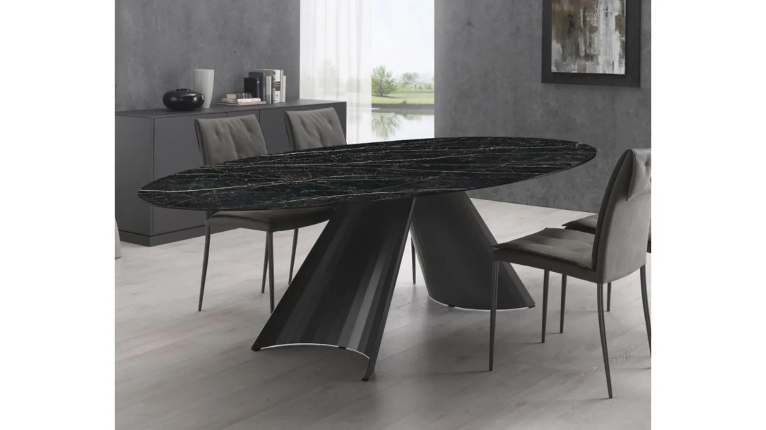Tavolo ovale in ceramica con base in acciaio verniciato Tuile di Domitalia