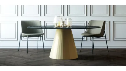 Tavolo rotondo con piano in ceramica con supporto vetro e base in metallo verniciato Dorico di Domitalia
