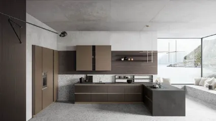 Cucina Moderna con penisola Anice 03 in Rovere Carbone, nobilitato Old Brass e Calce Nero di Valdesign