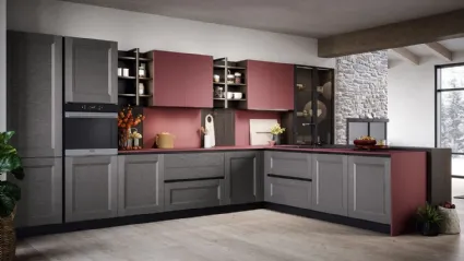 Cucina Moderna angolare Asia in materico laccato antracite e laccato opaco rosso porto di Forma la cucina