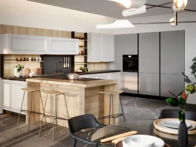 Cucina Moderna angolare Asia in materico laccato grigio chiaro con penisola in finitura rovere naturale di Forma la cucina