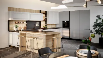 Cucina Moderna angolare Asia in materico laccato grigio chiaro con penisola in finitura rovere naturale di Forma la cucina