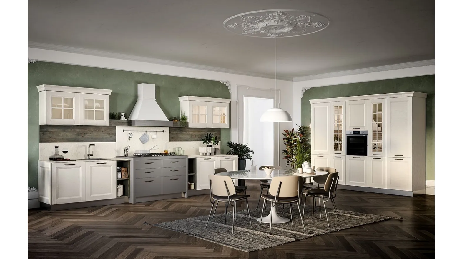 Cucina lineare Moderna Asia in materico laccato lino e schienali in finitura abete antico di Forma la cucina