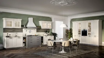 Cucina lineare Moderna Asia in materico laccato lino e schienali in finitura abete antico di Forma la cucina