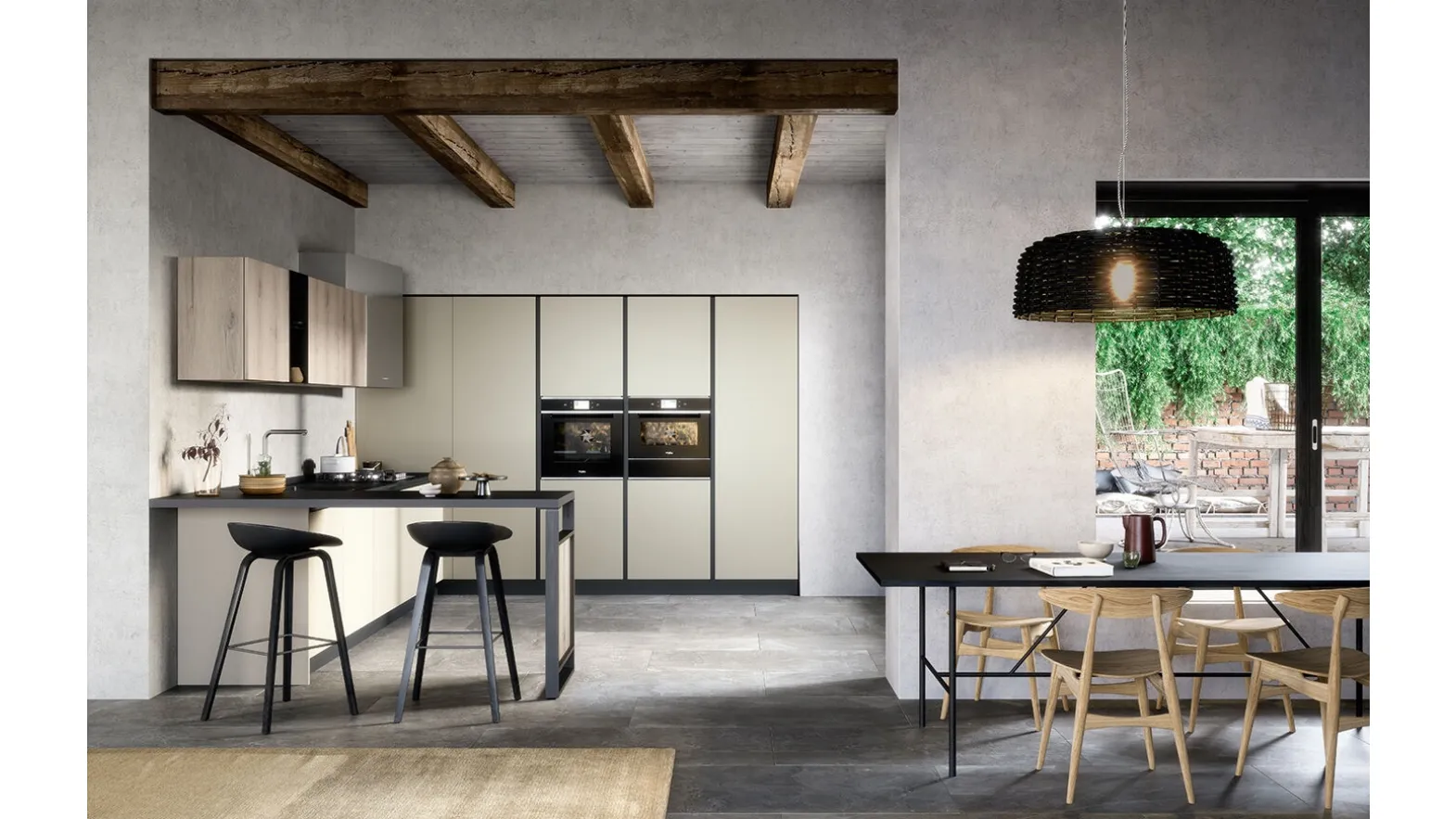 Cucina Moderna con penisola Colibrì Gola Blues finitura nobilitato corda e rovere polvere di Forma la cucina