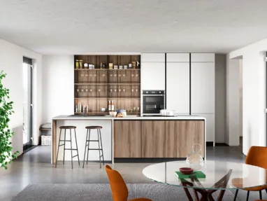 Cucina Moderna lineare Colibrì Gola Blues in finitura noce nordico e bianco giappone di Forma la cucina