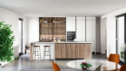 Cucina Moderna lineare Colibrì Gola Blues in finitura noce nordico e bianco giappone di Forma la cucina