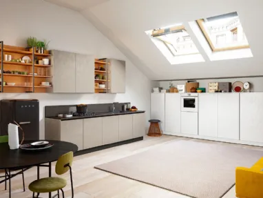 Cucina Moderna lineare Colibrì Gola Blues in finitura cemento brown e cemento white di Forma la cucina