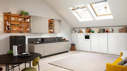 Cucina Moderna lineare Colibrì Gola Blues in finitura cemento brown e cemento white di Forma la cucina