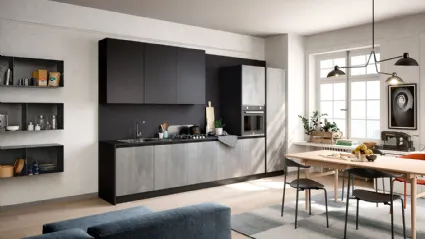 Cucina Moderna lineare Colibrì Presa in finitura cemento grey e laccato nero texas di Forma la cucina