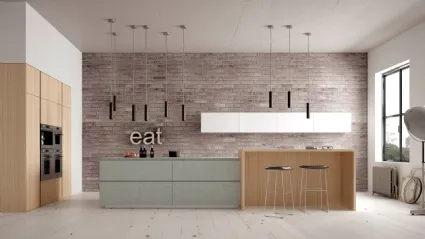 Cucina Moderna Forty5 01 finitura Resina cementizia Diorite, laccato Bianco e Olmo chiaro di Valdesign