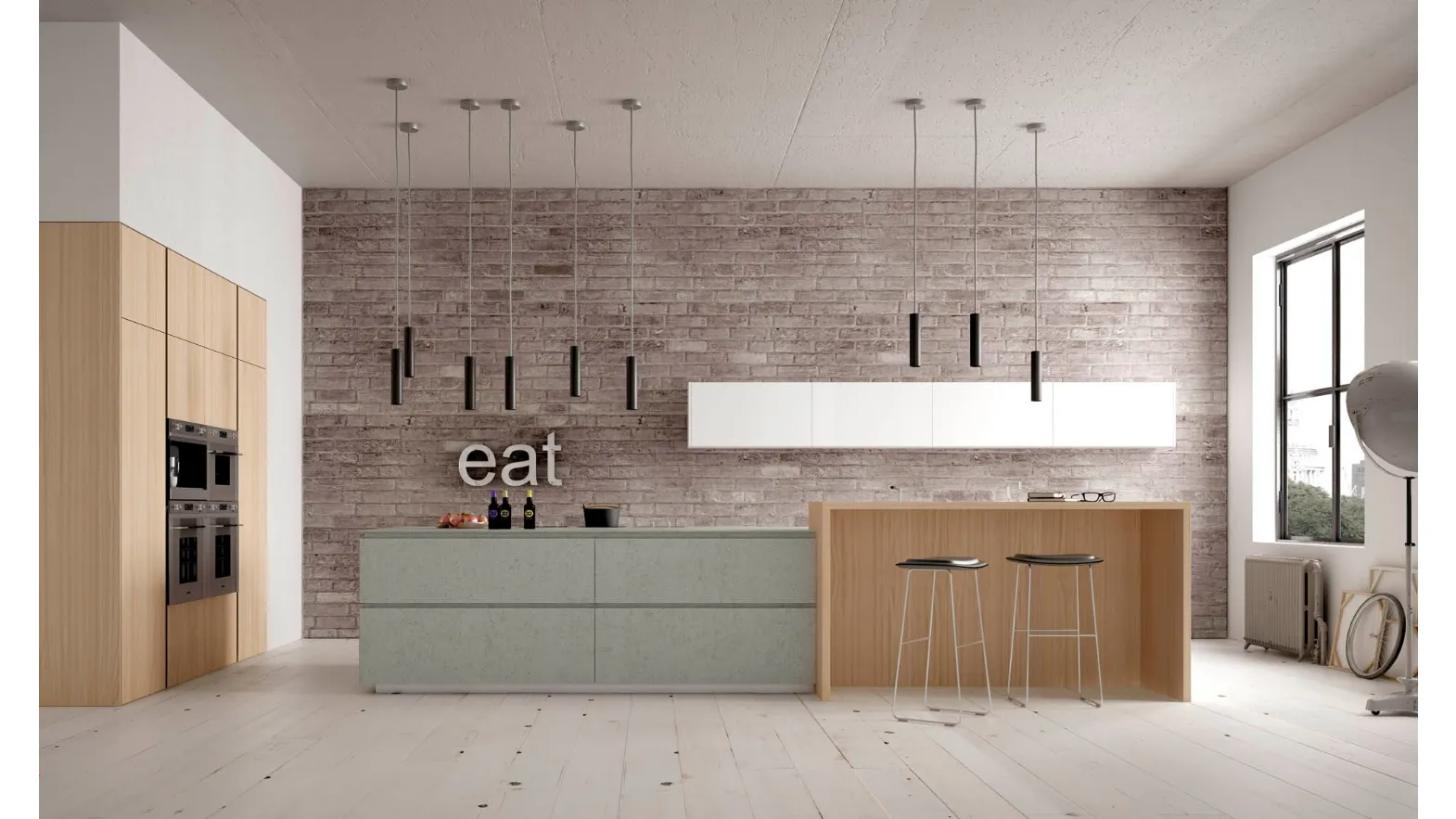 Cucina Moderna Forty5 in Olmo Chiaro e Resina Cementizia di Valdesign