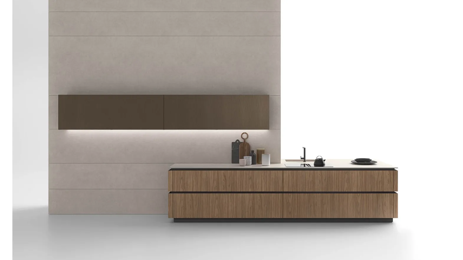 Cucina Moderna Logica 01 finitura nobilitato Noce naturale conb top in laminam Fokos sale di Valdesign