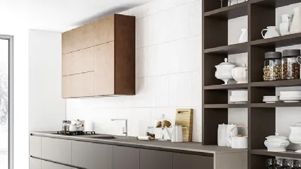 Cucina Moderna lineare Logica 04 in laccato opaco Fango e laccato opaco effetto metallo Rame brunito di Valdesign