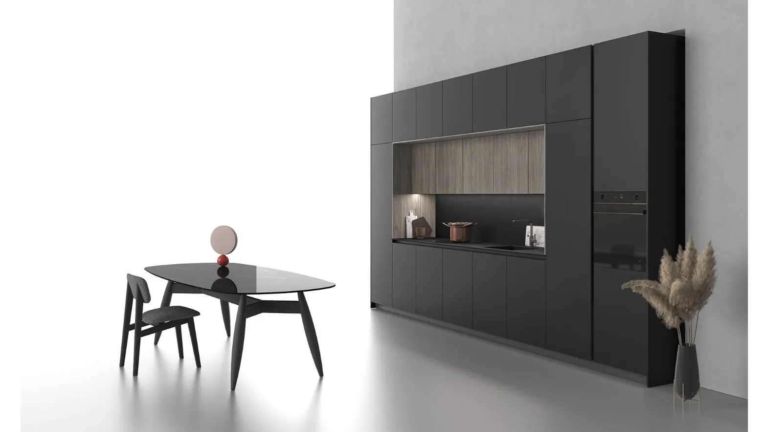 Cucina Moderne Logica L40 Laccato Nero e pensili Noce Cenere di Valdesign