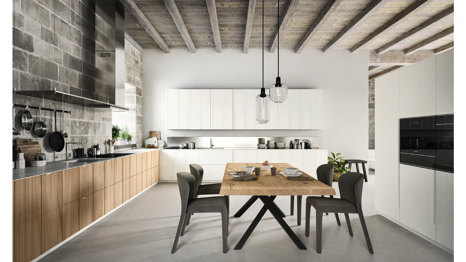 Cucina Moderna angolare Maggiorana 03 finitura Olmo Chiaro e laccato opaco Bianco di Valdesign