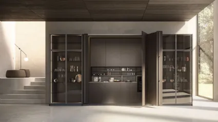 Cucina Moderna lineare a scomparsa in laccato con ante in rovere carbone Sesamo 02 di Valdesign