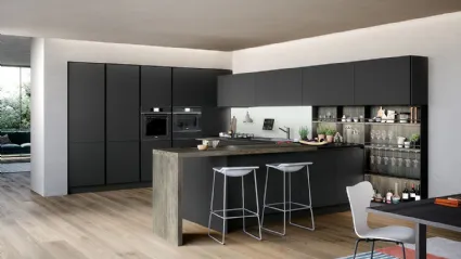 Cucina Moderna angolare Trend Grip in laminato fenix nero ingo con bancone penisola in finitura abete antico di Forma la cucina