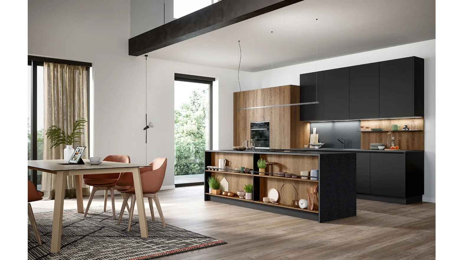 Cucina Moderna con isola Trend Linea in finitura nero seta e rovere arizona di Forma la cucina