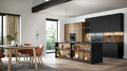 Cucina Moderna con isola Trend Linea in finitura nero seta e rovere arizona di Forma la cucina