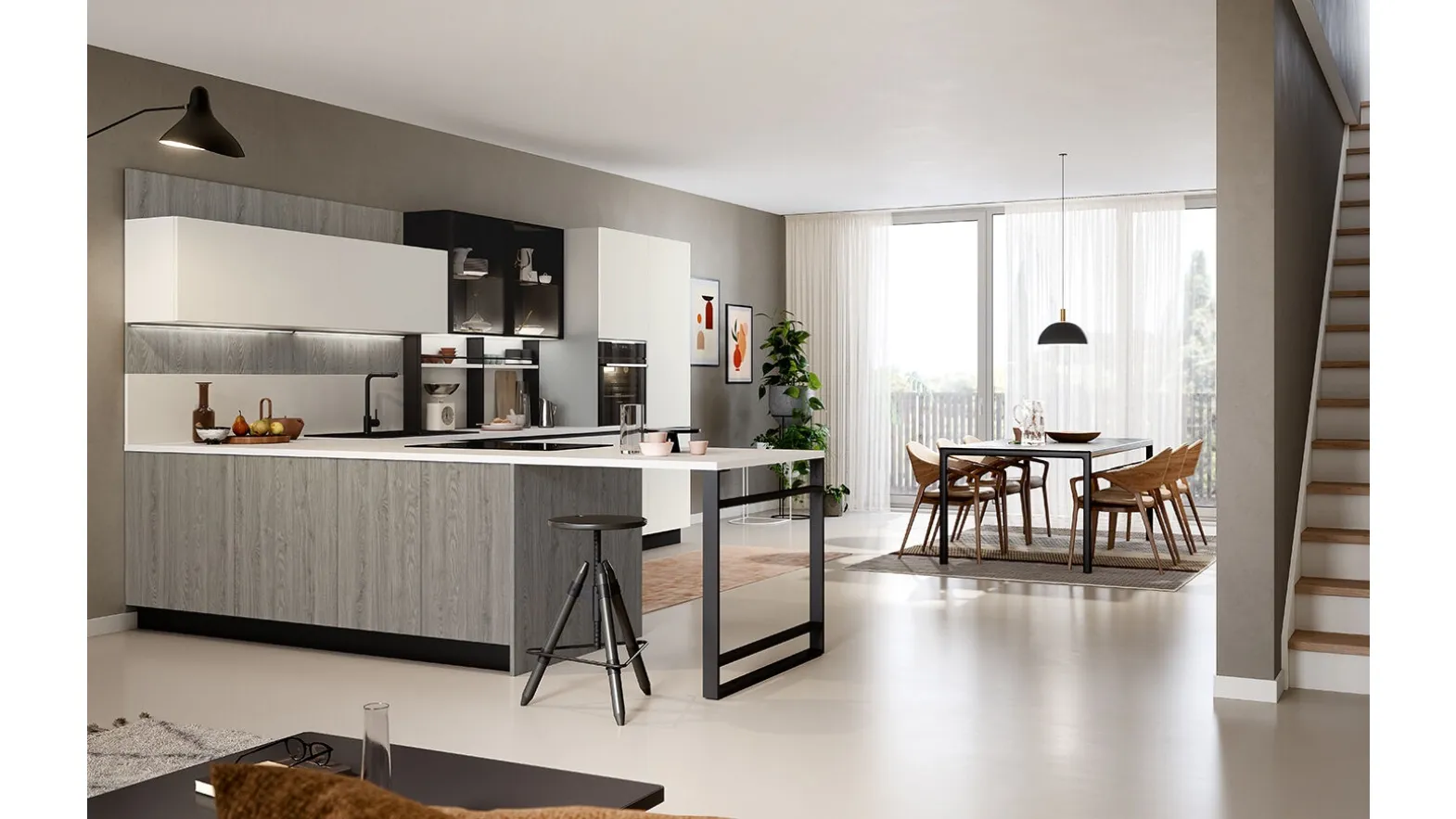 Cucina Moderna angolare Trend Linea in finitura rovere grey e fenix bianco kos di Forma la cucina