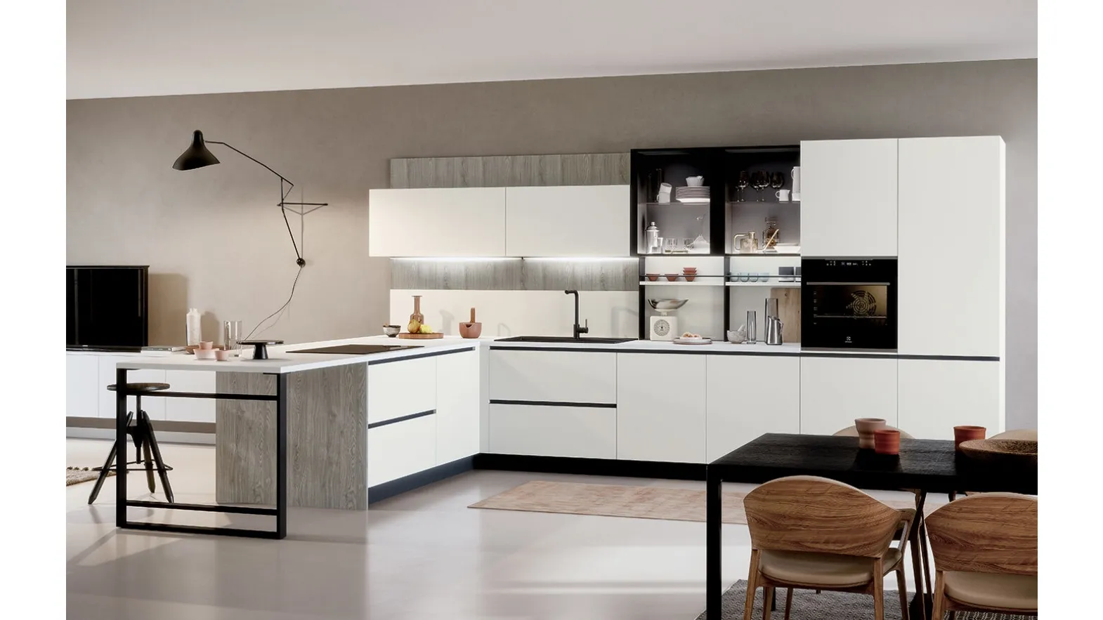 Cucina Moderna angolare con penisola Trend Linea in finitura rovere grey e fenix bianco kos di Forma la cucina