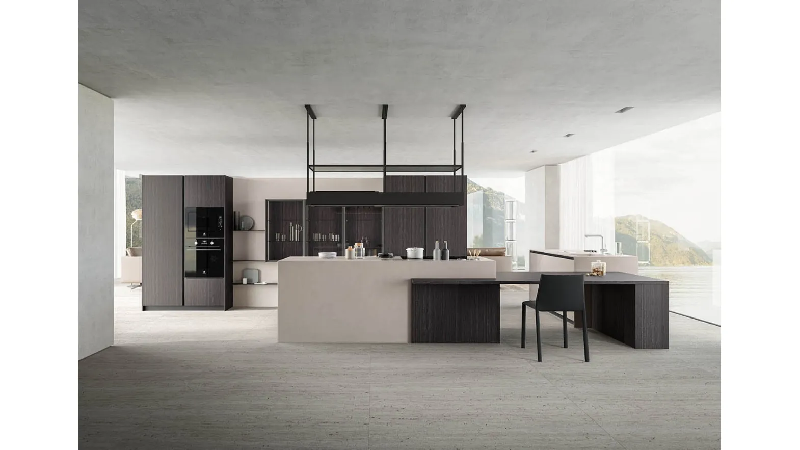 Cucina Moderna con isola angolare Zafferano 03 finitura laminato Fokos e nobilitato Eukalipto fossile di Valdesign