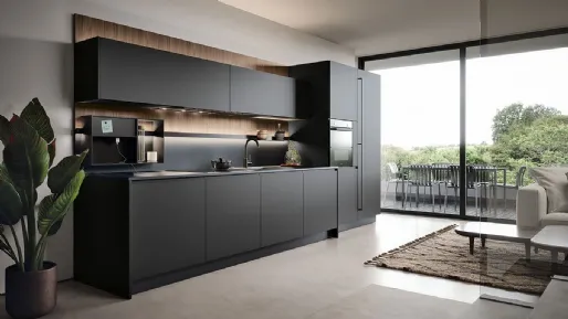 Cucina Moderna con isola finitura Nobilitato Rasato Fumè e laccato opaco Neve con top in acciaio Anice 04 di Valdesign